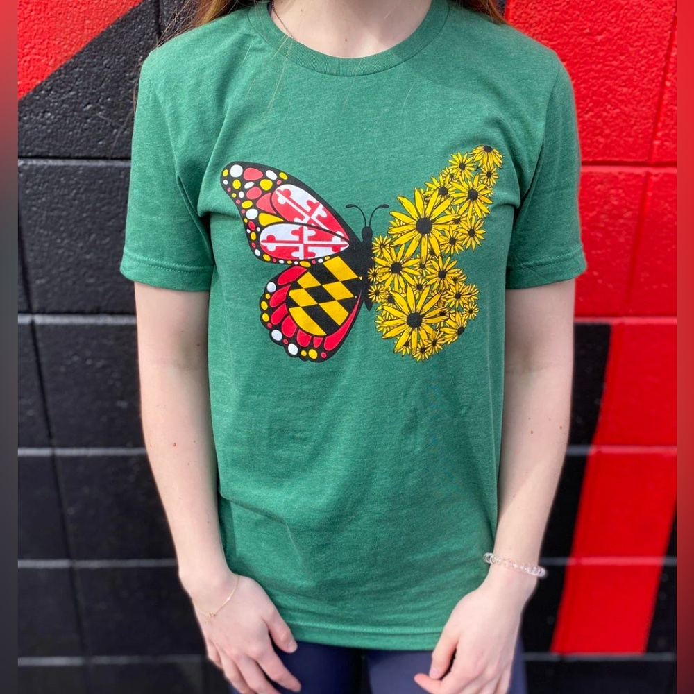 🆕 Maryland Flag & Black Eyed Susan Butterfly (Heather Green) / Shirt - Picture 2 of 9